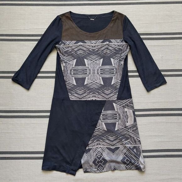 CUSTO BARCELONA Suede Dress Size 1 Small Black Graphic Print Long Sleeves - Picture 1 of 7